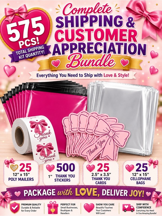 Other - 575pc Bundle: 25 Large Poly Mailers, 25 Cello Bags, 25 Cards & 500 Stickers